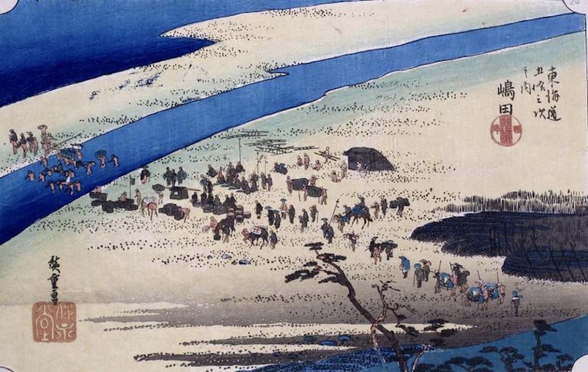 Ando HIROSHIGE, La station Shimada (Shimada, Ôigawa Sungan), 1852, gravure sur bois