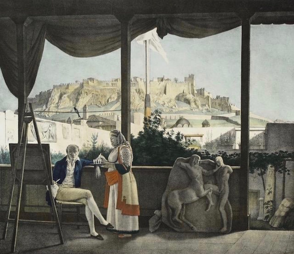 Louis DUPRÉ, L'Acropole, vue de la Maison du Consul de France Mr. Fauvel, 1825, lithographie rehaussée en couleurs