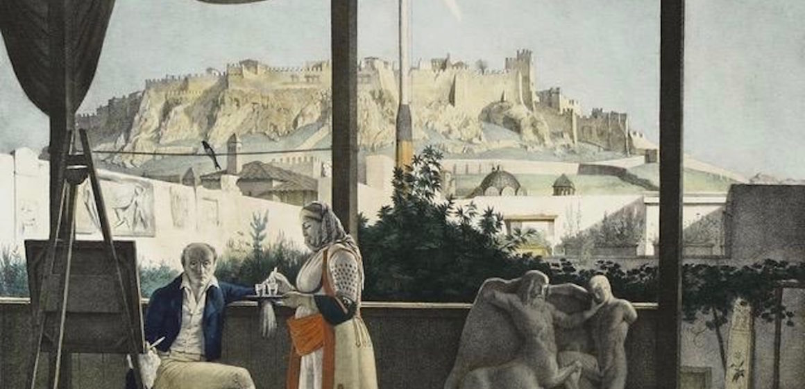 Louis DUPRÉ, L'Acropole, vue de la Maison du Consul de France Mr. Fauvel, 1825, lithographie rehaussée en couleurs