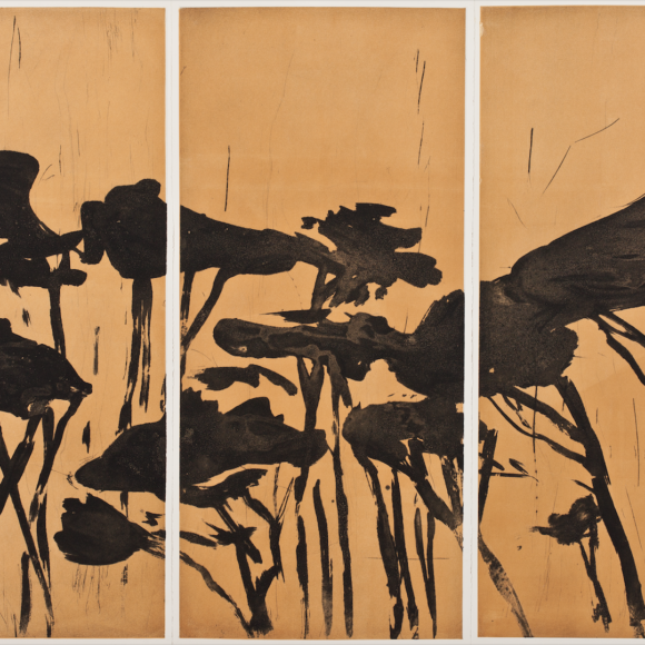 Astrid de La Forest - Triptyque Sans titre (Pins parasols), 2014 - Carborundum sur impression en couleur, tirage à 7 épreuves - 3 x (110 x 49,5 cm à la planche)