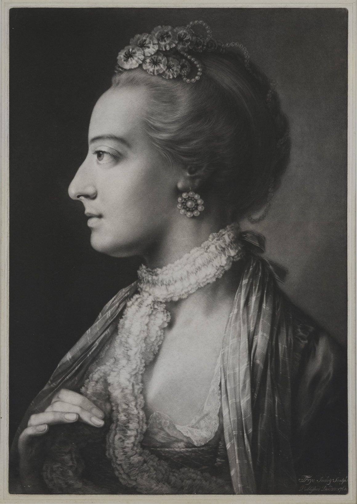 THOMAS FRYE Dublin 1710 - 1762 London [Fashionable Woman wearing a lace necklet]. From “Ladies, very elegantly attired in the fashion, and in the most agreeable attitudes.” Woman, directed towards, face in profile to the left… Mezzotint; 1761. Chaloner Smith 23, only state. A brilliant impression in very fine condition, with narrow margins; laid onto a support sheet. 503 x 348 mm