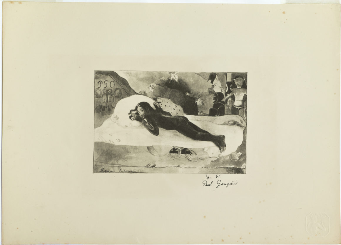 PAUL GAUGUIN Paris 1848 - 1903 Atuona, Marquesas Islands Manao Tupapau [Elle pense au revenant. ¬¬– ¬ L’Esprit des Morts veille] {Watched by the Spirits of the Dead}. Lithograph on stone, the stone executed in pen, crayon and wash; 1894. Signed in the image with the artist’s monogram, and by the artist in pen below right on the support sheet. Published in an edition of 100 by André Marty in L’Estampe Originale, part VI, April to June 1894. With the embossed blind stamp of the publication in the lower right corner. Mongan, Kornfeld & Joachim 23, only state. An extremely fine impression in fine, fresh condition. The authors cite only thirty impressions; our impression was unknown to them. 180 x 270 mm