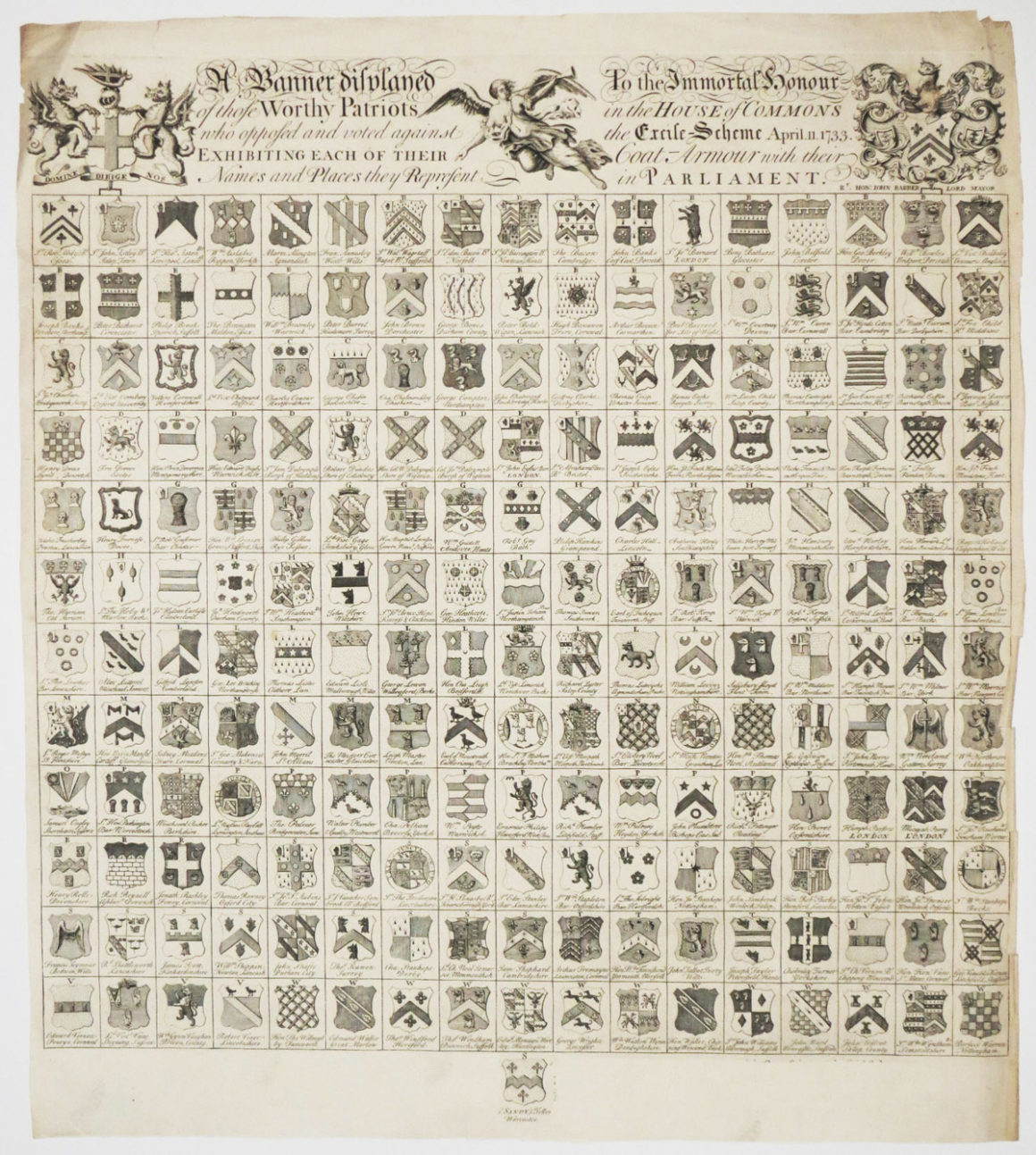 “A Banner displayed To the Immortal honour of those Worthy Patriots in the House of Commons who opposed and voted against the Excise Scheme April 11 1733. Exhibiting Each of Their Coat-Armour with their Names and Places they Represent in Parliament.” By Anon, Etching, 1733