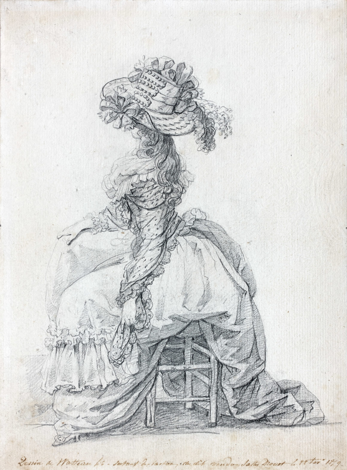 François Watteau, dit Watteau de Lille Étude d'une élégante assise de profil, tournée vers gauche Pierre noire 261 x 191 mm