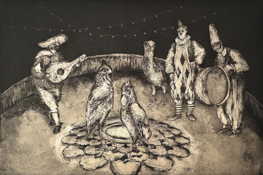 Marjan Seyedin - Entrée en piste, 2026 - eau-forte, pointe sèche et aquatinte - 30 x 45 cm à la plaque - Galerie Documents 15, Paris Le Manège burlesque de Marjan Seyedin, Galerie Documents 15